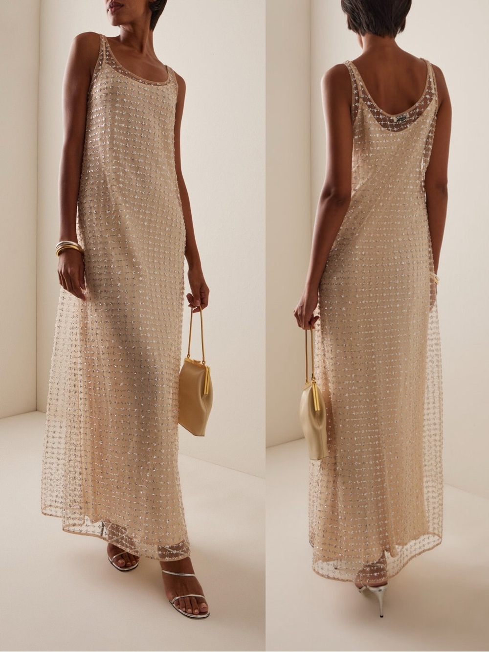 STAUD Aurielle Beaded Tulle Maxi Dress Stardust NEW with tag
